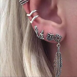Silver Antique Feathers Owl Buddha Stacked Ear Cuffs Earrings Set 6pcs